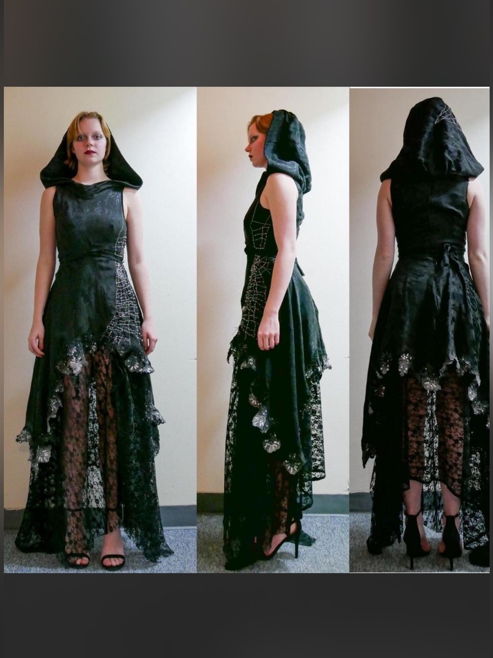 Handmade Gothic Hooded Black Lace Fairycore Witch Dress Maxi Costume Gown Womens